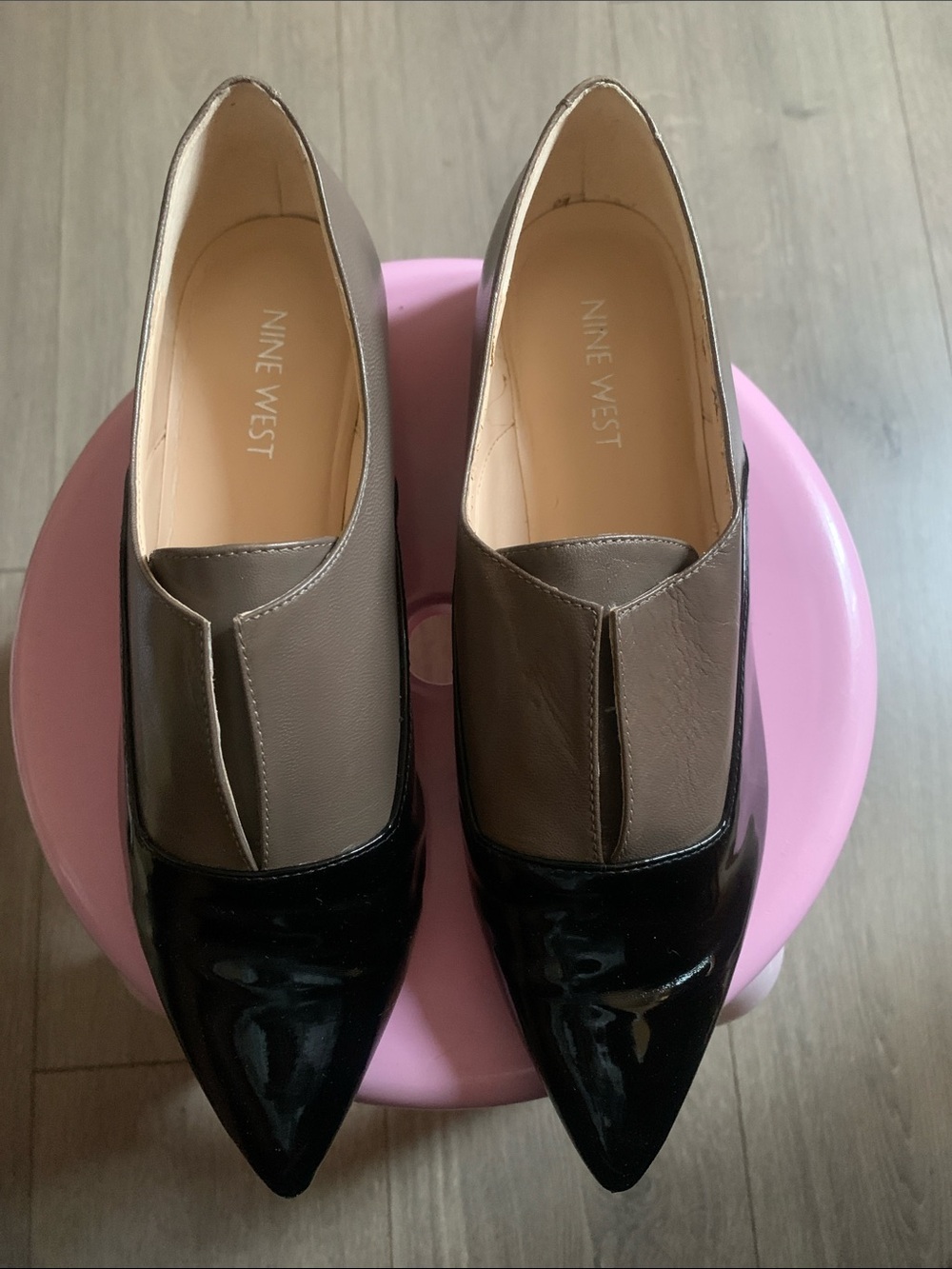 Nine West Two-Tone Pointed Loafers in Black and Taupe